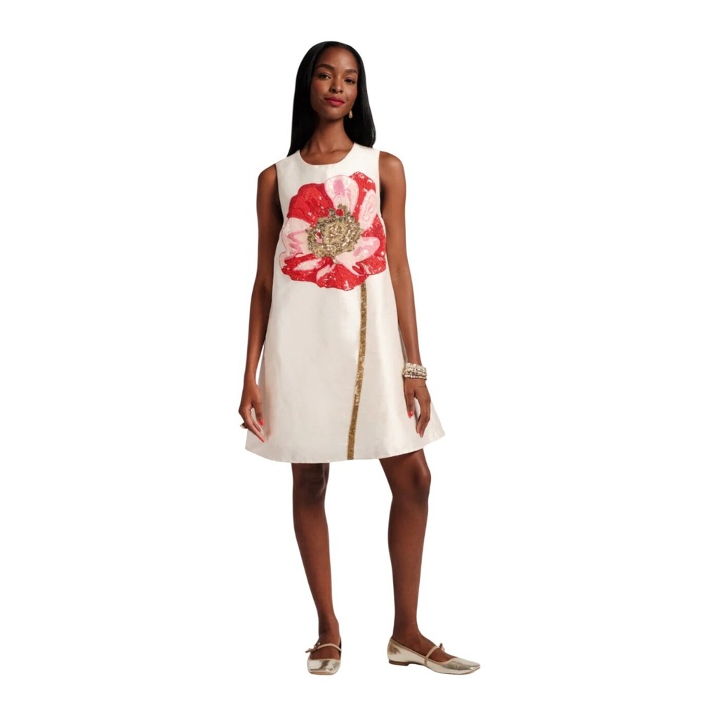 Frances Valentine Alice Mini Shift Dress Cream Floral Applique A-Line Medium